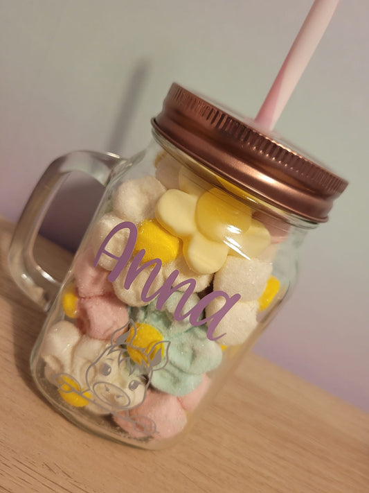 Personalised marshmallow filled glass drinking jar